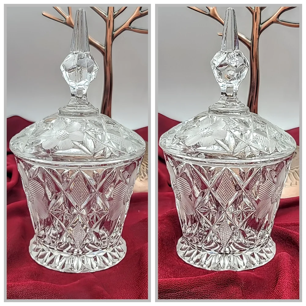 Pressed Crystal Creamer Sugar Bowl Lid Tray Floral Daisy Diamond Pattern Vintage